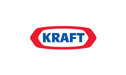 Logotipo da Kraft. Escrita em Azul. Logo Vermelho.