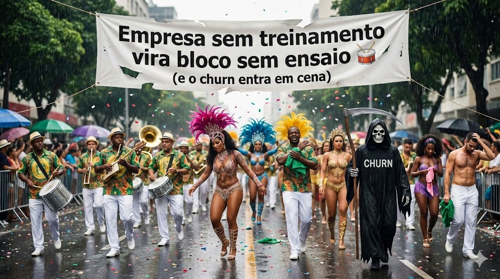 Empresa sem treinamento vira bloco sem ensaio 🥁 (e o churn entra em cena)