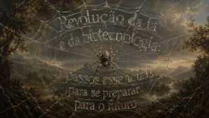 crie uma releitura artística da de biotecnologia de aranha fazendo teia de metal , inspirada na pintura realista original, mantendo imagem clássica, o enquadramento e o fundo paisagístico suave. com a escrita em teia: "Revolução da ia e da biotecnologia: 3 passos essenciais para se preparar para o futuro". proporções realistas, beleza clássica, sensação de nobreza e equilíbrio estético. cores tradicionais do renascimento, tons terrosos, verdes suaves e céu enevoado ao fundo. sem humor, sem sátira, sem distorções grotescas — interpretação respeitosa, realista e contemporânea.