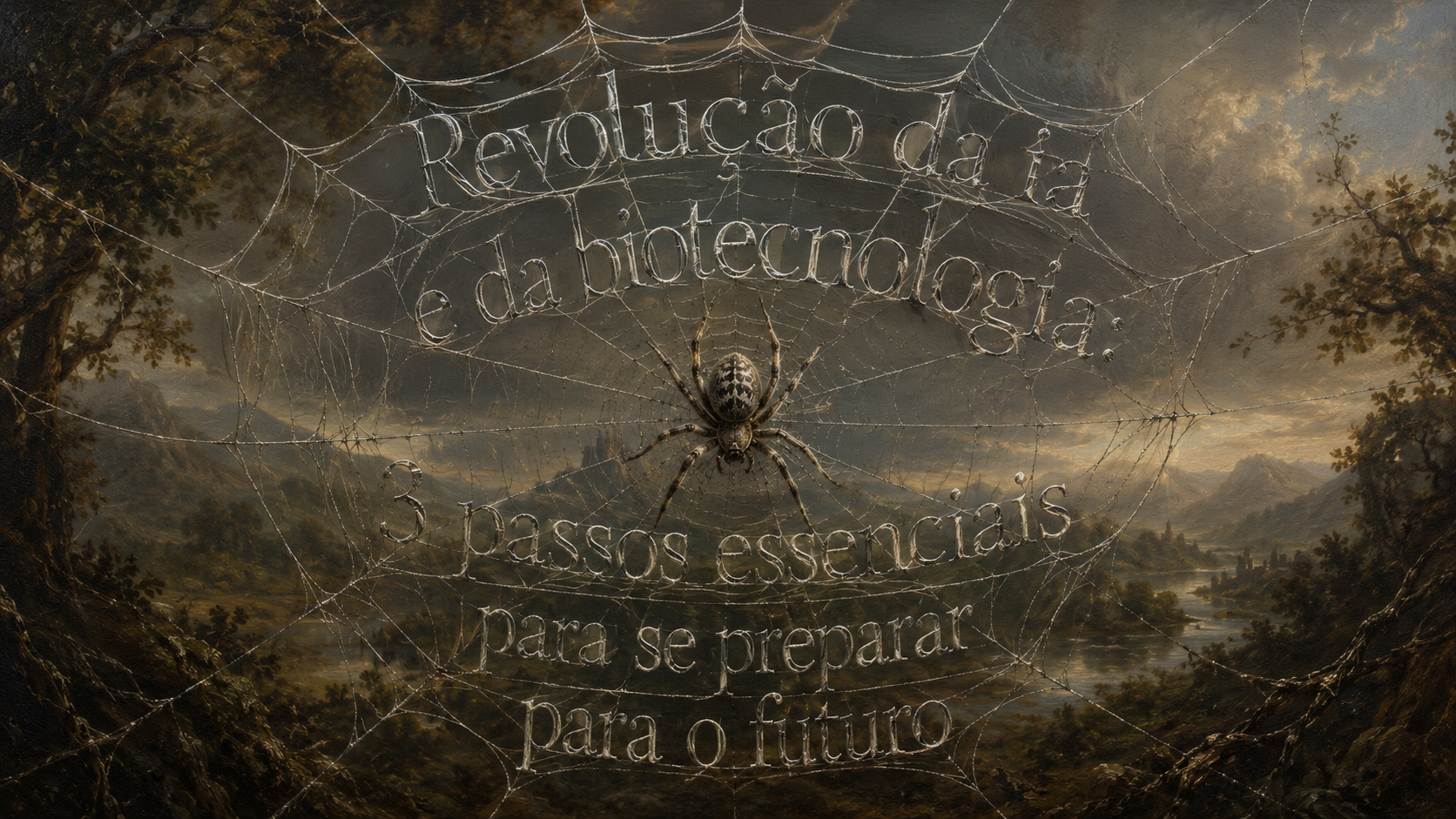 crie uma releitura artística da de biotecnologia de aranha fazendo teia de metal , inspirada na pintura realista original, mantendo imagem clássica, o enquadramento e o fundo paisagístico suave. com a escrita em teia: "Revolução da ia e da biotecnologia: 3 passos essenciais para se preparar para o futuro". proporções realistas, beleza clássica, sensação de nobreza e equilíbrio estético. cores tradicionais do renascimento, tons terrosos, verdes suaves e céu enevoado ao fundo. sem humor, sem sátira, sem distorções grotescas — interpretação respeitosa, realista e contemporânea.